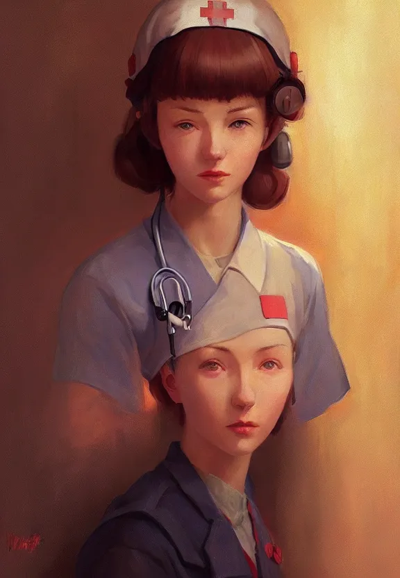 Image similar to a portrait of a tired female nurse in world war 2, 1 9 4 0 setting, vivid colors, soft lighting, atmospheric, cinematic, moody, in the style of ilya kuvshinov, range murata, krenz cushart and alyssa monk, hyperrealism, rule of thirds, oil on canvas, 8 k