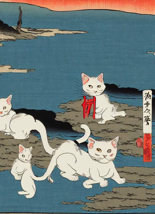 Image similar to whitecat with 2 baby white cats of utagawa hiroshige, digital painting 4 k uhd image, highly detailed