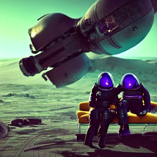 Prompt: photo of an two overweight depressed teenagers with emo haircuts wearing gothy purple and black latex suits, sitting next to smashed burning spacecraft wreckage, on the orange surface of mars, Trending on artstation, octane render, cinematic lighting, hyper realism, photorealistic, octane render, 8k, depth of field, 3D