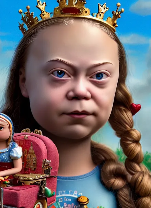 Image similar to highly detailed closeup, face profile portrait of greta thunberg as a tin toy fairytale princess wearing a crown eating cakes, bikini, unreal engine, nicoletta ceccoli, mark ryden, earl norem, lostfish, global illumination, detailed and intricate environment