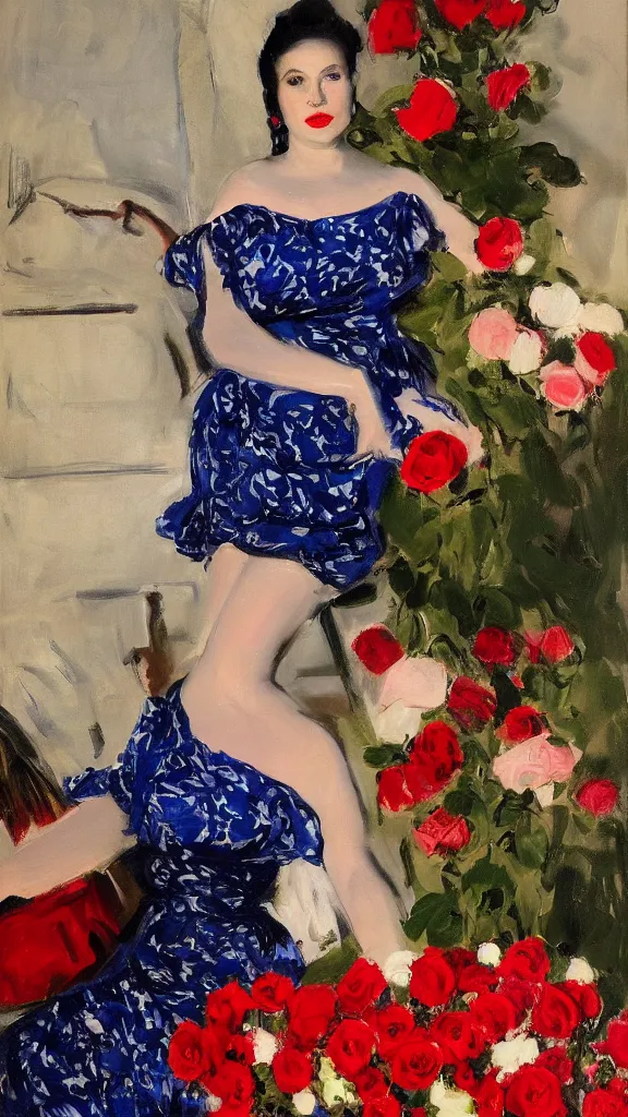 Image similar to portrait of rebekah delrio in lynch pattern dress beside of a big persian detailed pot of red roses, blue and red lights, mulholland drive, painted by john singer sargent