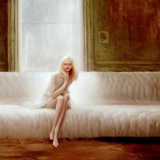 Image similar to Elle Fanning sitting on a white leather chair in the world of Johannes Vormeer, head and shoulders portrait, stormy weather, extremely detailed masterpiece, oil on canvas, low-key neon lighting, artstation, Blade Runner 2049, Roger Deakin’s cinematography, by J. C. Leyendecker and Peter Paul Rubens and Edward Hopper and Michael Sowa,