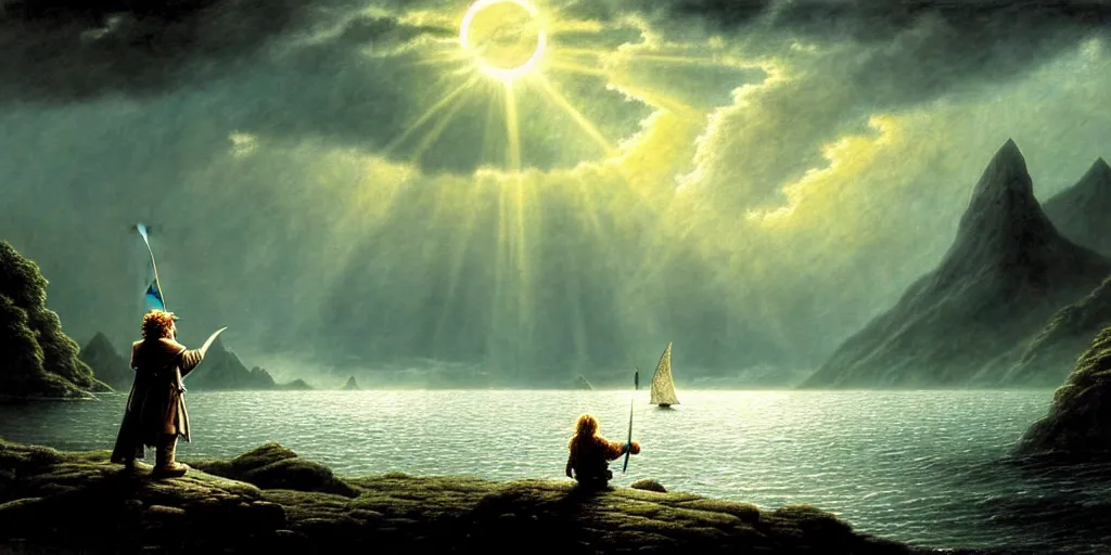 Prompt: a hobbit out at a lord of the rings scenery landscape, staring across the sea from the shore at a white timber sail boat leaving harbour, evening, god's rays highly detailed, vivid colour, soft clouds, full moon, cinematic lighting, perfect composition, gustave dore, derek zabrocki, greg rutkowski, belsinski