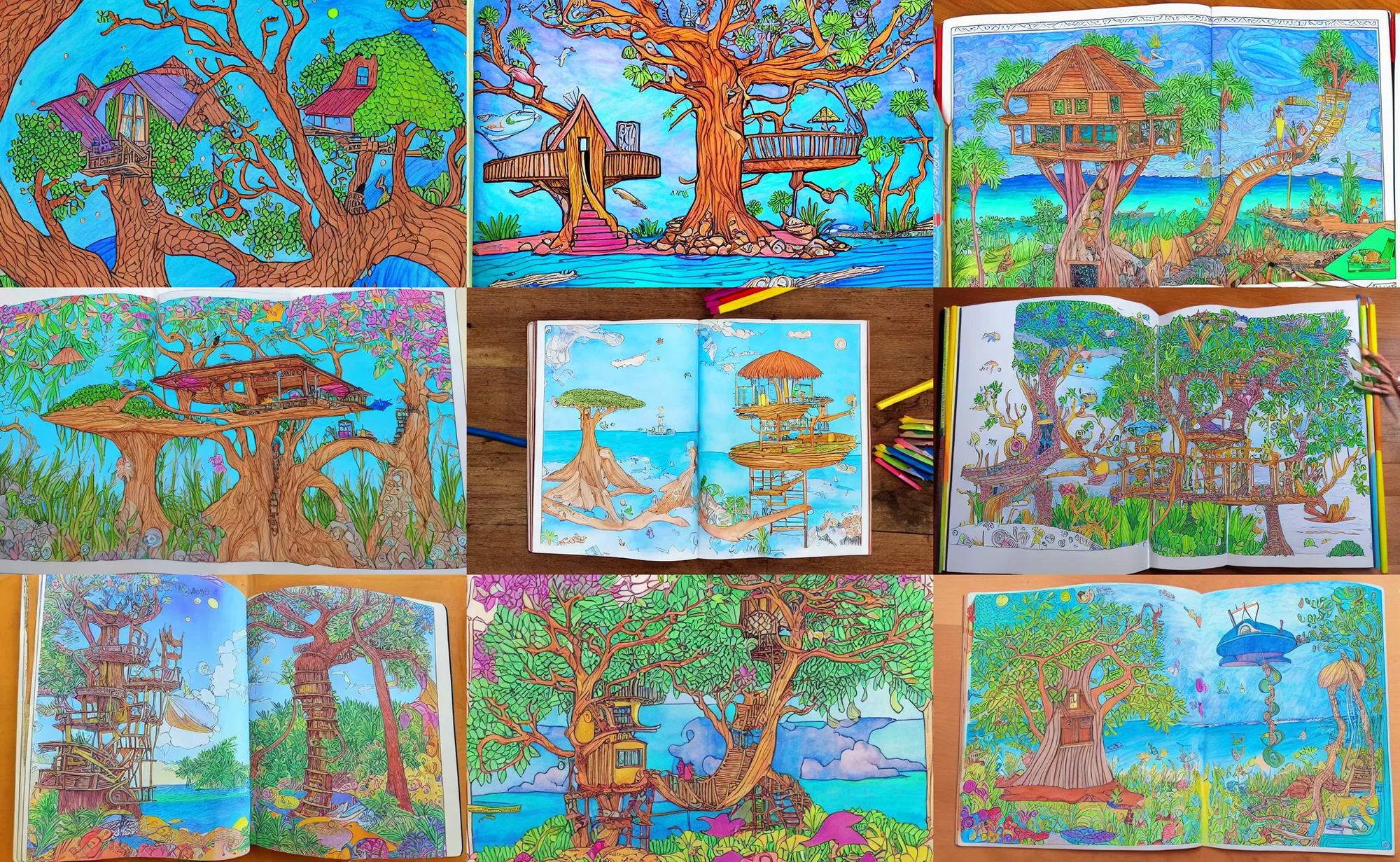 Prompt: coloring book of a mystical island treehouse on the ocean