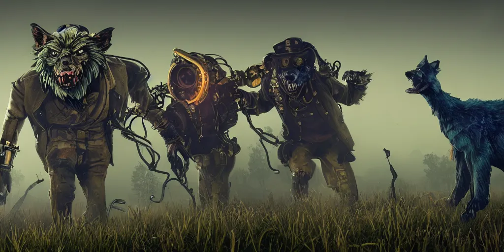 Prompt: gamekeeper wearing a steampunk and neonpunk mechanical fluorescent mystical animal mask in strange misty estuary landscape fight with werewolf, night, realism in style of fornite game, 4 k, octane render, award winning photograph, epic cinematic shot, perfectly defined features, ambient occlusion