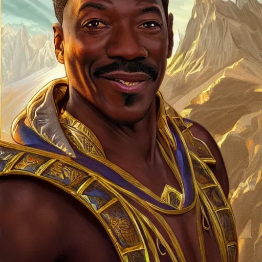 Image similar to eddie murphy as teferi, in the style of magic the gathering, glacier landscape, d & d, fantasy, intricate, elegant, highly detailed, digital painting, artstation, concept art, matte, sharp focus, illustration, art by artgerm and greg rutkowski and alphonse mucha