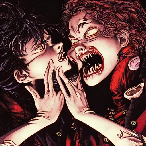 Image similar to closeup of melting kissing vampires, catelvania, by yoichi hatakenaka, masamune shirow, josan gonzales and dan mumford, ayami kojima, takato yamamoto, barclay shaw, karol bak