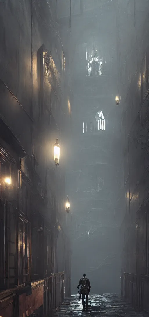 Prompt: dishonored dunwall, dishonored aesthetic, cinematic lighting, rainy weather, melancholy atmosphere, artstation, dunwall city, gothic architecture, volumetric light, octane render, dishonored game, dishonored 1, atmosphere or depression and despair