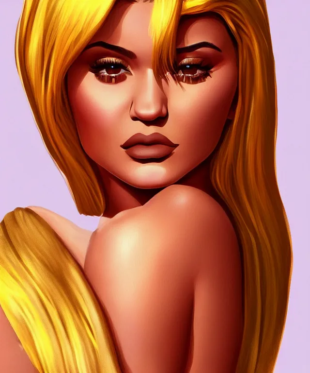 Image similar to Kylie Jenner in a shiny golden dress, highly detailed, digital painting, artstation, concept art, smooth, sharp focus, illustration, ArtStation