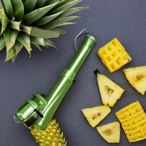 Prompt: high quality product photo of a pineapple rocket launcher, futuristic design