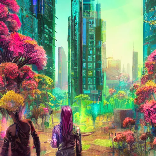 Image similar to forest and flower city, cyberpunk, futuristic, vivid colors, utopia by alayna danner and dang my linh