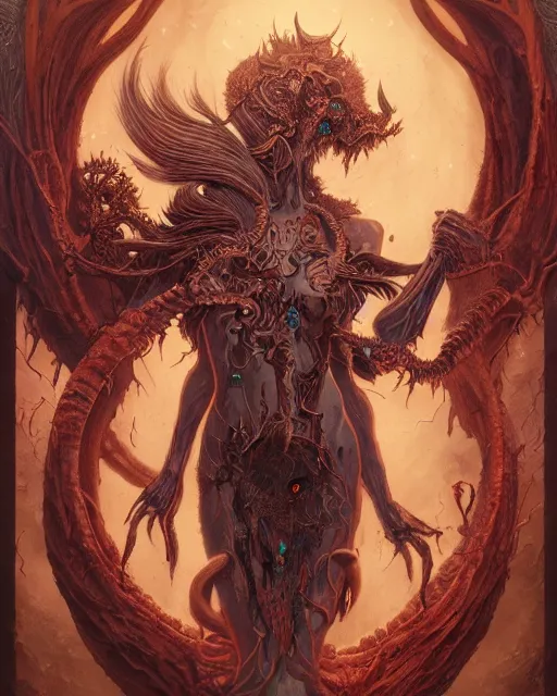 Image similar to perfectly centered portrait front view of a angry dead rotten beautiful female daemon growing ornamentation, ornate, detailed, symmetrical, elegant, beautifully soft lit, by wayne barlowe, peter mohrbacher, kelly mckernan