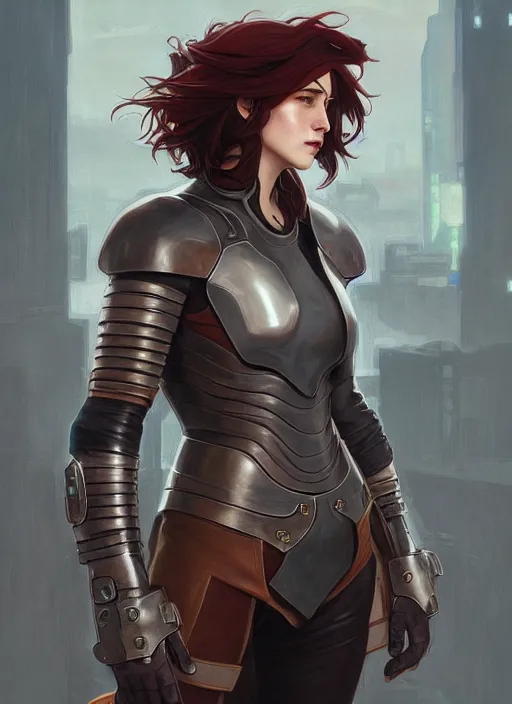 Prompt: strong female rogue in futuristic leather armor and cloak, cyberpunk, path traced, highly detailed, high quality, digital painting, by studio ghibli and alphonse mucha, leesha hannigan, makoto shinkai, disney