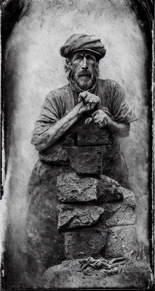 Image similar to a highly detailed wet plate photograph, a portrait of a stonemason