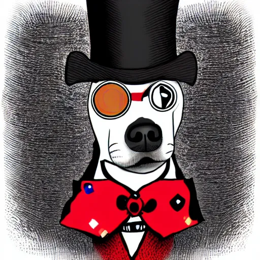 Prompt: portrait of a dog wearing a suit and a top hat and a monocle on one eye, hand drawing, red and black colors