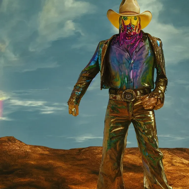 Image similar to 1 9 8 0's spaghetti western film octane render portrait by wayne barlow and carlo crivelli and glenn fabry, a person wearing a shiny colorful iridescent latex suit and mask and cowboy hat covered in liquid gold, standing in a colorful scenic western landscape with multicolored clouds, cinema 4 d, ray traced lighting, very short depth of field, bokeh