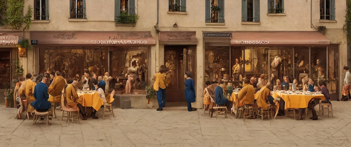 Prompt: accidentally wes anderson award - winning photograph of chuppacabras outside paris restaurant, accidental renaissance, golden ratio, fibonacci composition, 4 k, detailed, art by greg rutkowsky, trending on artstation, cinematic lighting, filmic grain, golden hour, detailed, 4 k