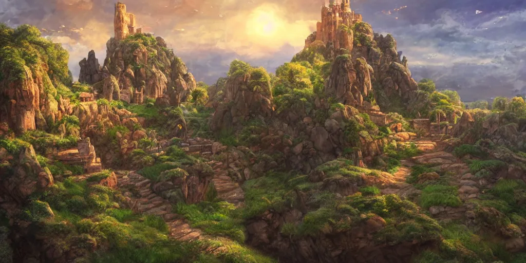 Image similar to sandstone castle, lush and beautiful concept art for the shire, floating rocks in the air, stone city, arabian nights, sand, golden sun, planets, lord of the rings, peter jackson, studio ghibli, detailed, realistic lighting, volumetric lighting, golden hour,