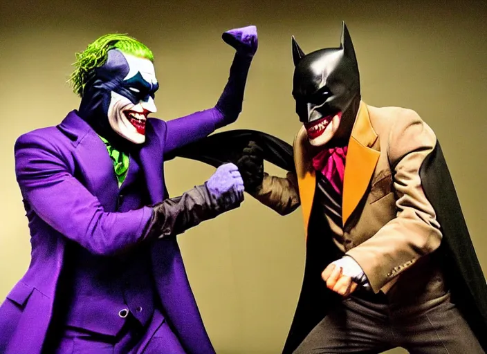 Image similar to Batman and Joker dance together