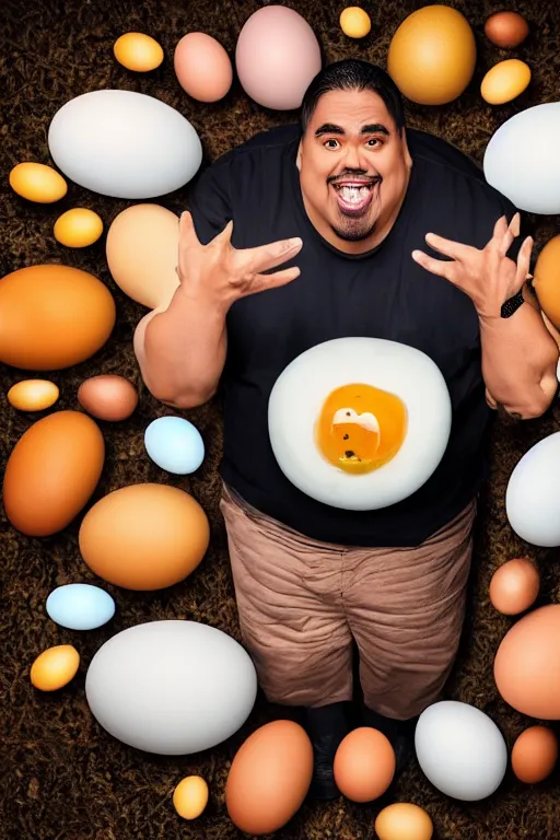 Image similar to 📷 gabriel fluffy iglesias the egg 🥚, made of food, head portrait, dynamic lighting, 4 k