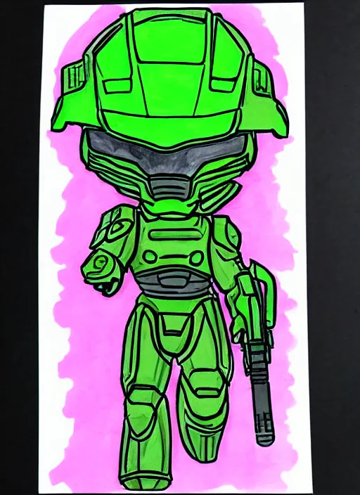 Image similar to green master chief drawn with markers on a pink background