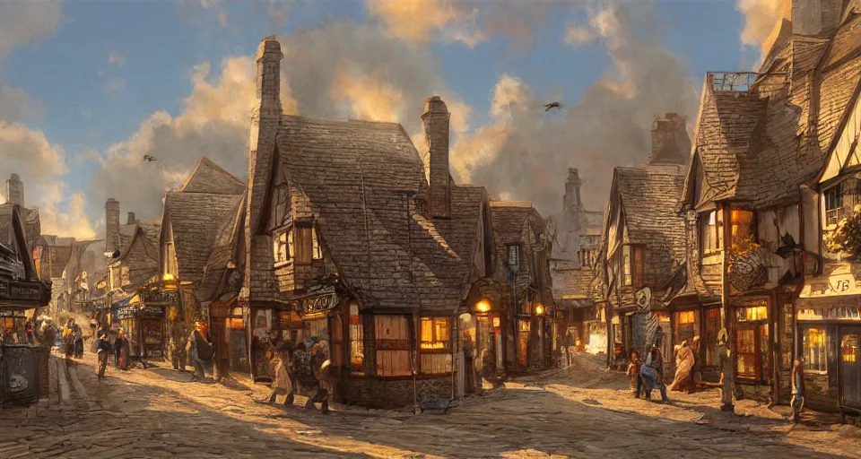 Image similar to victorian cornish fishing village, street scene, street level, digital painting by earl norem, hyperdetailed, artstation, cgsociety, 8 k