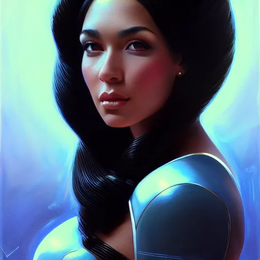 Image similar to a portrait of a very beautiful woman in a spacesuit, Alexandria\'s genesis, shoulder-length black hair, bored, illustration, soft lighting, soft details, painting oil on canvas by mark arian by artgerm, trending on artstation, 4k, 8k, HD