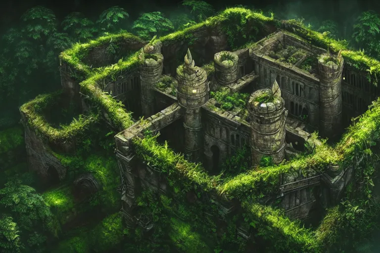 Image similar to giant ancient castle in an forest with some ivy plants on the walls, cinematic, epic, dramatic lighting from above, dark, vines, fantasy, dust, unreal engine, octane, highly detailed, concept art, dark, super realistic