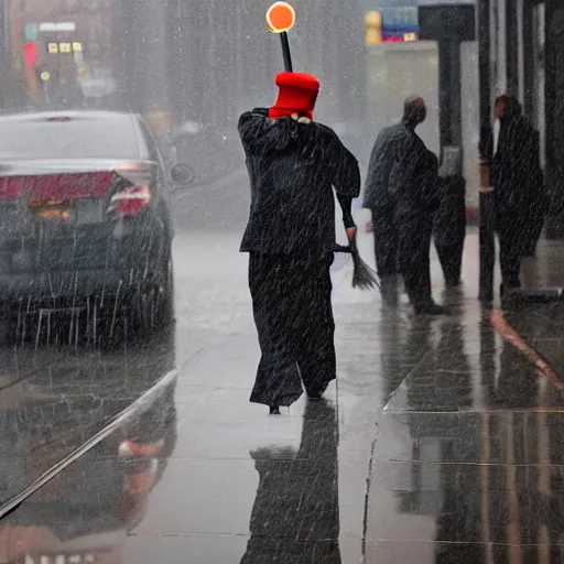 Image similar to closeup portrait of a cleaner with a mop fighting apuddles in rainy new york street, by Steve McCurry and David Lazar, natural light, detailed face, CANON Eos C300, ƒ1.8, 35mm, 8K, medium-format print
