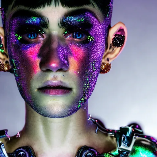 Image similar to a detailed cinematic symmetric wide shot render of Grimes as a cyborg covered with glitter in hell