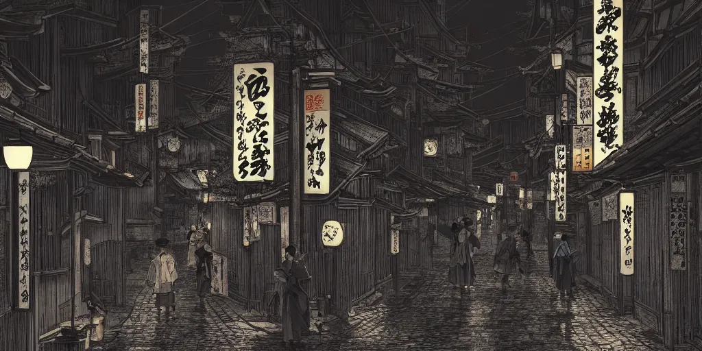 Image similar to feudal japan tokyo street at night, street level, cinematic lighting, 4k, trending on artstation, low key, intricate illustration, digital art, ultra detailed, art by albert bierstadt