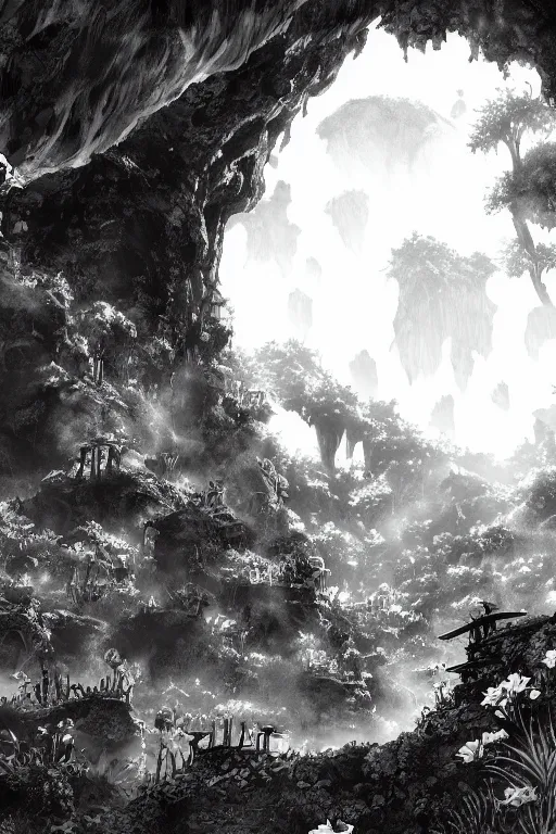 Image similar to overgrown cave, deep abyss cave manga background black and white, in style of made in abyss, no humans,