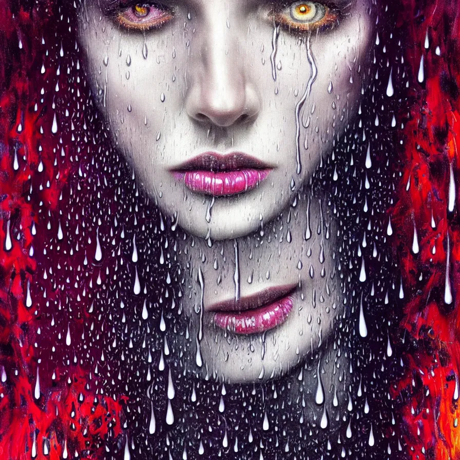 Prompt: bright asthetic portrait of LSD in rain with wet hair and one face, liquid, fantasy, intricate, elegant, dramatic lighting, highly detailed, lifelike, photorealistic, digital painting, artstation, illustration, concept art, smooth, sharp focus, art by John Collier and Albert Aublet and Krenz Cushart and Artem Demura and Alphonse Mucha