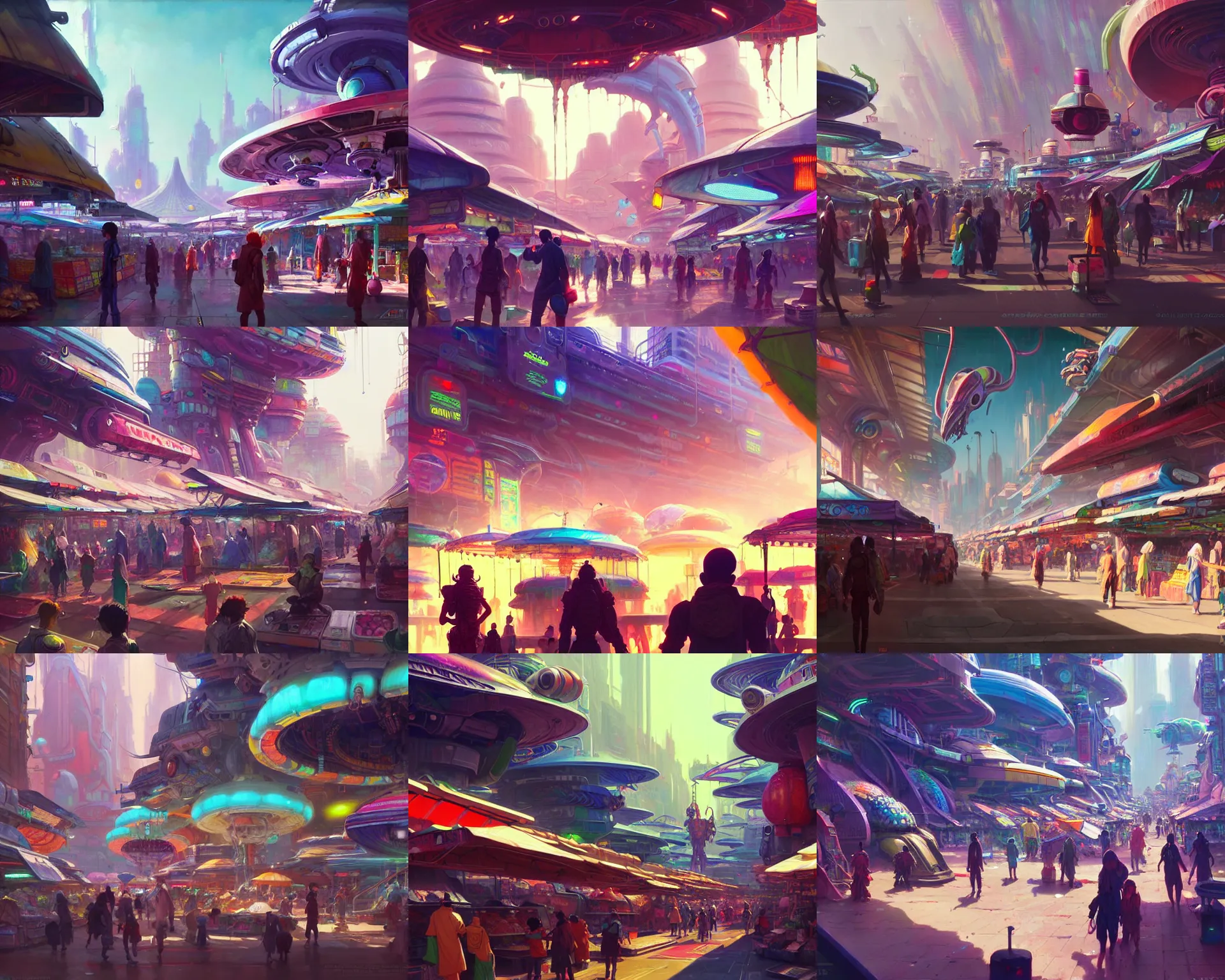 Prompt: colorful, eccentric, bustling marketplace in an alien spaceport, alien merchants at market stalls, anime, a sci-fi digital painting by Greg Rutkowski and James Gurney, trending on Artstation, highly detailed