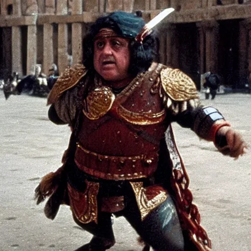 Image similar to danny devito as a roman praetorian in the streets of ancient rome, color film still