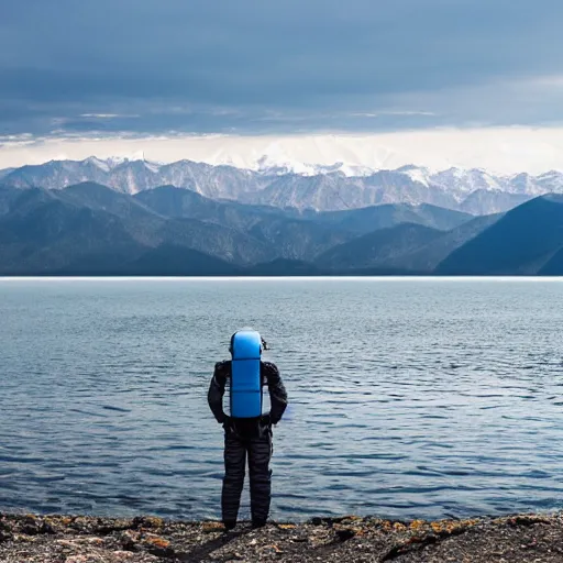 Image similar to an astronaut standing in the water of Lake Baikal and looking at the mountains