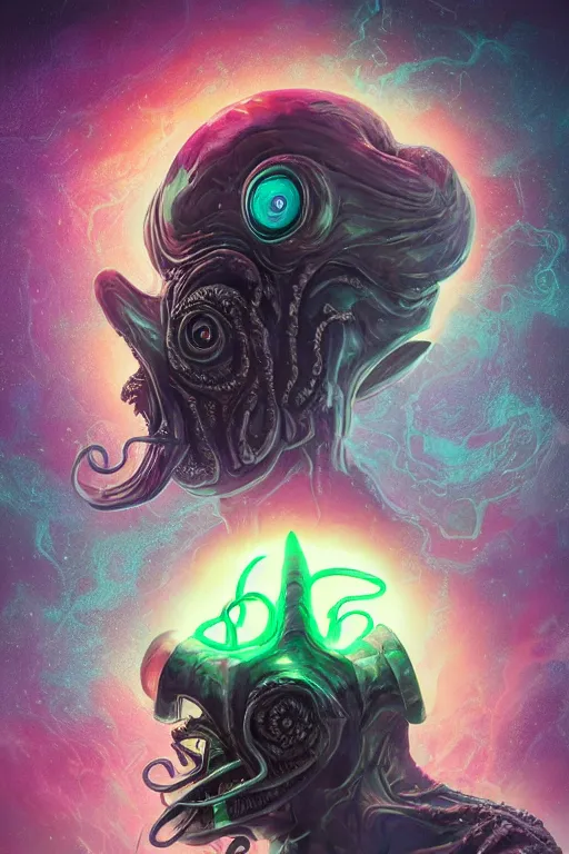 Image similar to rick and morty fused with lovecraft and vader helmet predator tentacle beard, realistic portrait, high details, intricate details, by vincent di fate, artgerm julie bell beeple, 90s, Smooth gradients, octane render, 8k, volumetric lightning, photo, High contrast, duo tone, depth of field, very coherent symmetrical artwork