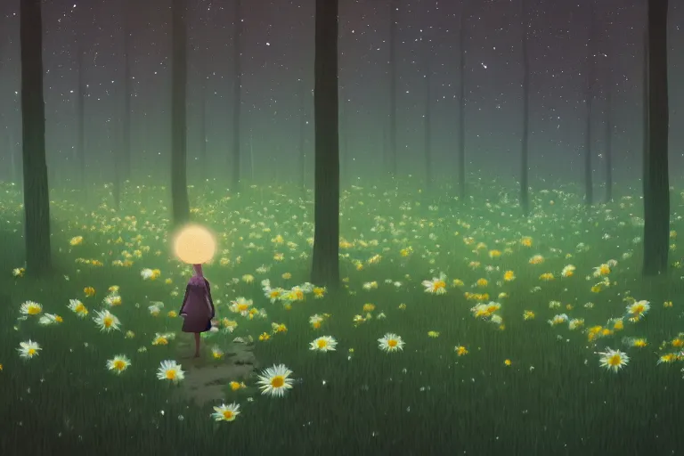 Image similar to giant bunch of daisy flowers head, girl walking in dark forest, surreal photography, dark night, stars, moon light, impressionist painting, clouds, digital painting, artstation, simon stalenhag