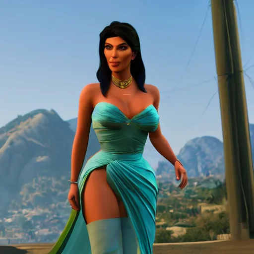 Image similar to kim kardashian as princess jasmine in GTA 5 full Hd octane render 8k