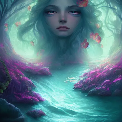 Image similar to i am attracting beautiful souls into my life 🌊✨🌸🌿, 8 k resolution detailed fantasy art, asymmetrical composition, anato finnstark marc simonetti lisa frank zbrush central gloomy midnight.