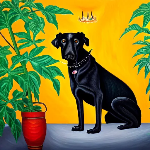 Prompt: oil painting of a vicious black dog bearing its fangs next to brugmansia suaveolens flowers, dark background, scary