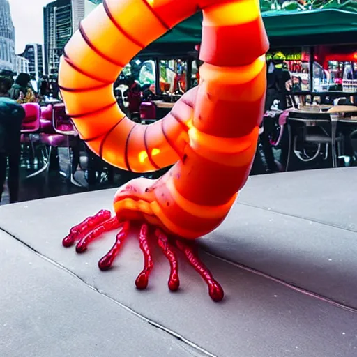 Image similar to a futuristic robotic gummi worm. dramatic product lighting. it's a gummi with extra juiciness. but it's also a worm. ick. trendy food truck. digital reality.