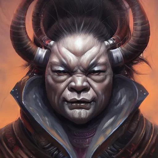 Image similar to portrait, cyberpunk japanese oni demon with horns, stern expression, long hair, highly detailed, digital painting, artstation, concept art, smooth, sharp focus, illustration, artgerm, tomasz alen kopera, peter mohrbacher, donato giancola, joseph christian leyendecker, wlop, frank frazetta