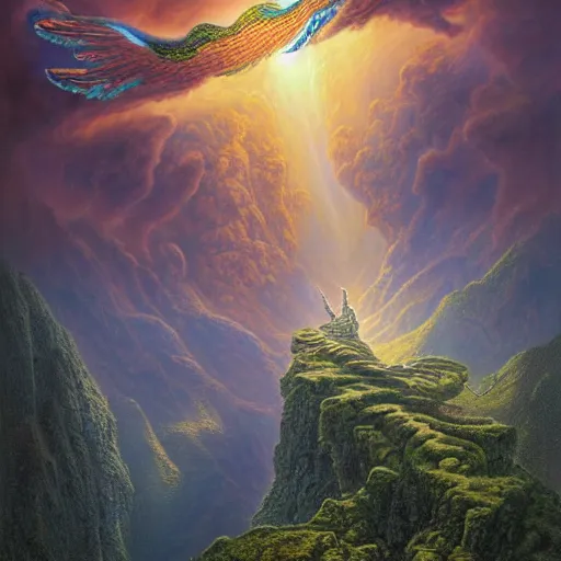 Image similar to of an impossible landscape with a infinite multi dimension portal, a beautiful ultradetailed matte painting of Quetzalcoatl flying over a lush mountain range at dusk by tomasz alen kopera and Justin Gerard and Dan Mumford, tarot card, dazzling energy, ultra wide angle shot, high angle shot, intricate, fractal magic, rays of god, hyperdetailed, micro details, volumetric lighting, 8k, ray tracing, polarized lens