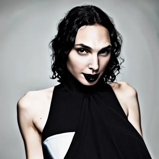 Image similar to gal gadot as a goth woman, eye piercings, close up shot, black hair on right half, white hair on left half, pale skin, sensual, beautiful soft light failling on her face, studio photography, nikon 3 5 mm portrait photography, ultra realistic