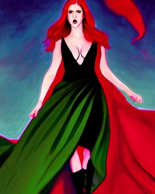 Prompt: Irina French art, Rachel Walpole art, cinematics lighting, beautiful Anna Kendrick supervillain, green dress with a black hood, angry, symmetrical face, Symmetrical eyes, full body, flying in the air over city, night time, red mood in background