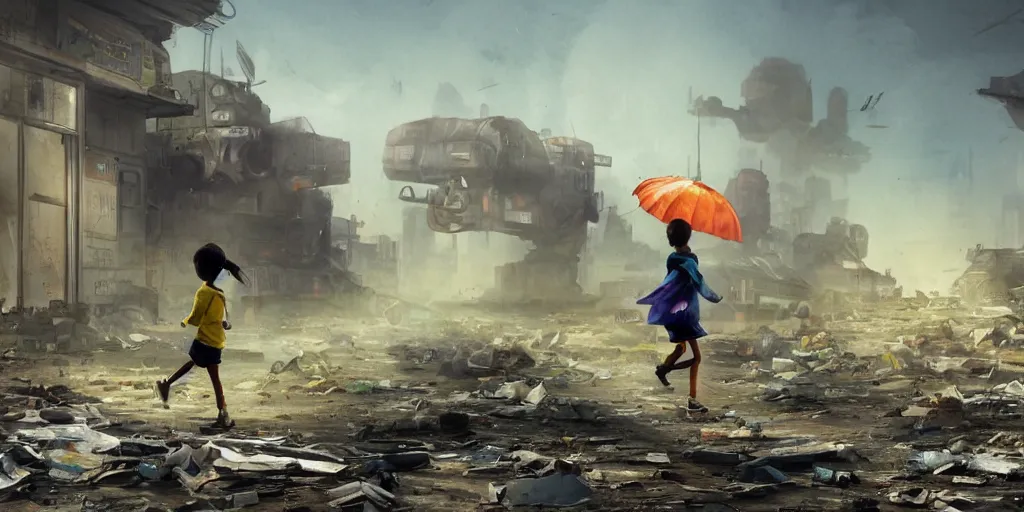 Image similar to incredible wide screenshot, ultrawide, simple watercolor, rough paper texture, backlit distant shot of girl in a parka running from a giant robot invasion side view, yellow parasol in deserted dusty junk town, broken vending machines