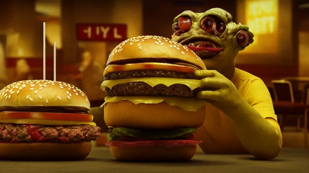 Image similar to the strange cheeseburger creature at the fast food place, film still from the movie directed by denis villeneuve and david cronenberg with art direction by salvador dali and zdzisław beksinski, wide lens