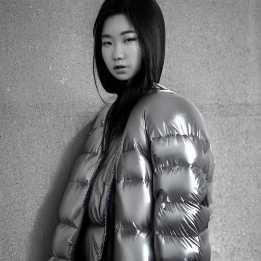 Image similar to well lit fashion shoot portrait of extremely beautiful female marble statue wearing huge over size puffer jacket by dingyun zhang, yeezy, balenciaga, vetements, a cold wall, sharp focus, clear, detailed,, cinematic, detailed, off white, glamourous, symmetrical, vogue, editorial, fashion, magazine shoot, glossy