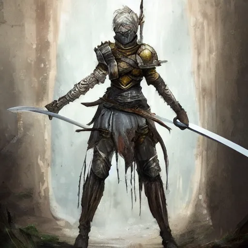 Image similar to Concept art of swordsman with yellow eyes carrying a torch inside a decaying ancient fantasy temple. She wears a rusty silver armor, trending on artstation, dark fantasy, concept art